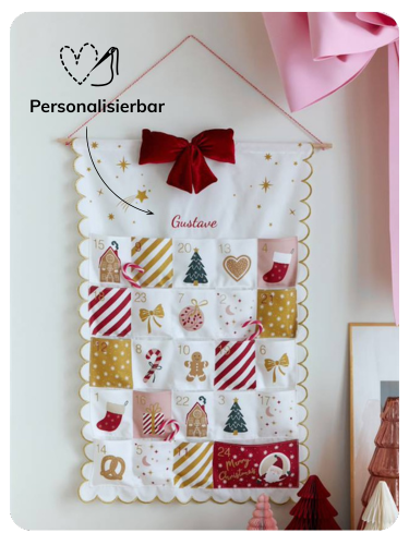 Adventskalender aus Stoff mit 24 Taschen und goldener Lurex-Borte, personalisierbar - beige golden